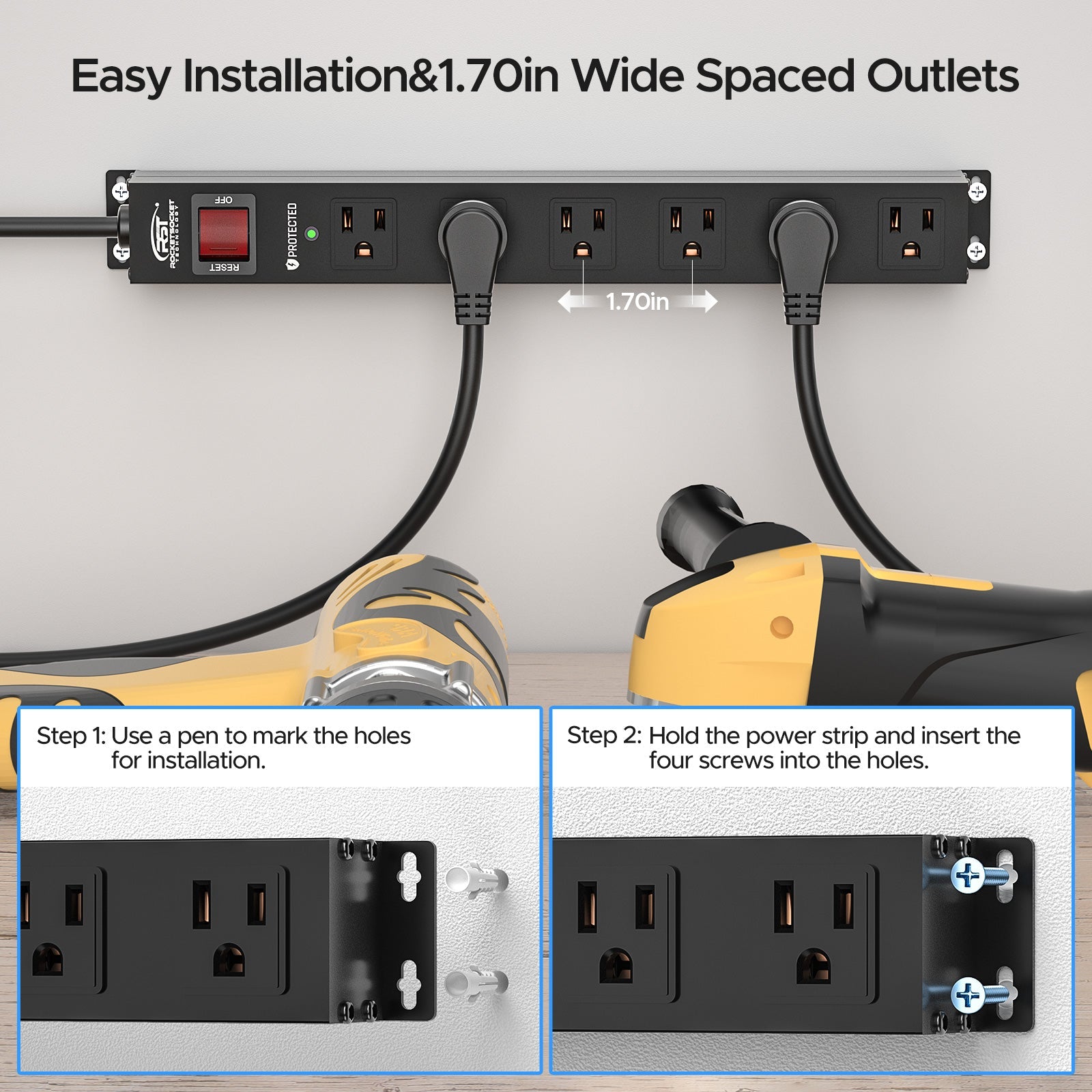CRST 6 Outlets Wide Spaced Mountable Metal Power Strip Surge Protector, 6FT Flat Plug Power Cord, 2100 Joules Protection, Mount Kits Included