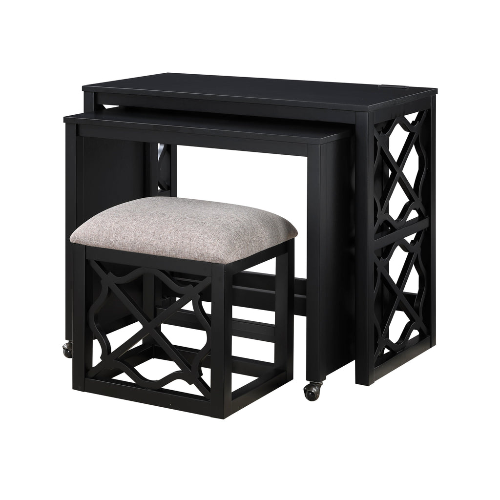 Desks and Stool Set 3pc Black Finish Rolling Desk with Casters, 2 Charging ports Home Office Furniture